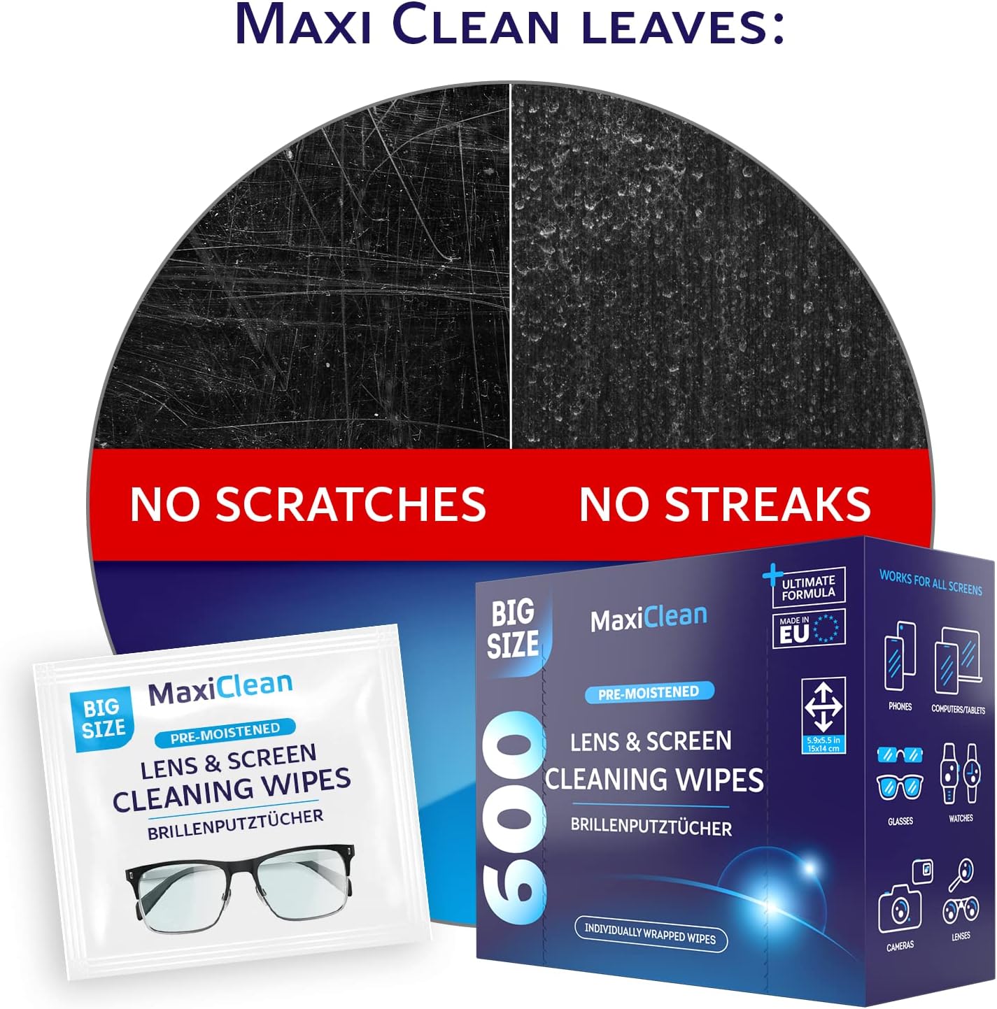 Glasses Wipes Lens Cleaner - Lens Wipes for Eyeglasses - 600 Pre-moistened Individually Wrapped Wipes for Eye Glasses, Electronics, Phone, Computer, Laptop Screen - Camera Lens Cleaner - Made in EU - Image 7